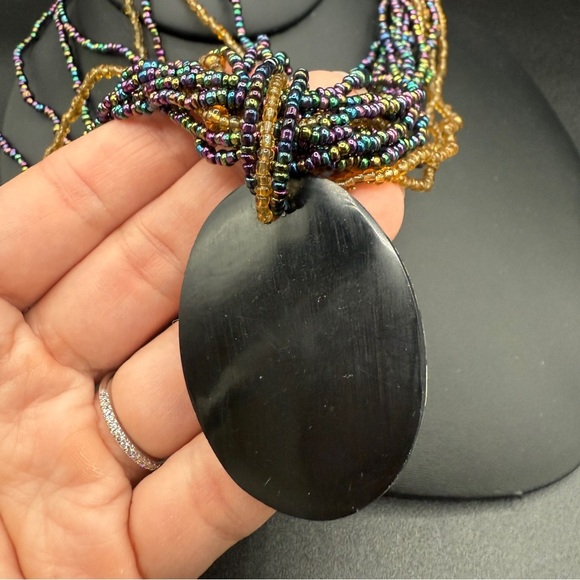 Multicolor Iridescent Seed Beaded Necklace with Large Abalone Shell Pendant - Picture 10 of 17